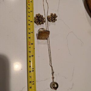 Vintage Set of Avon Ball Pendant Necklace, Dangling ball Earrings & Square Ring